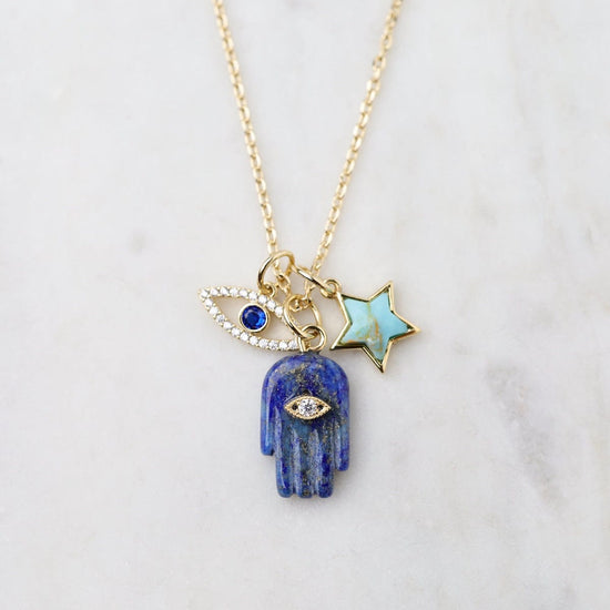 Load image into Gallery viewer, NKL-GPL Lapis Hamsa, Turquoise Star &amp;amp; CZ Evil Eye Charm Necklace
