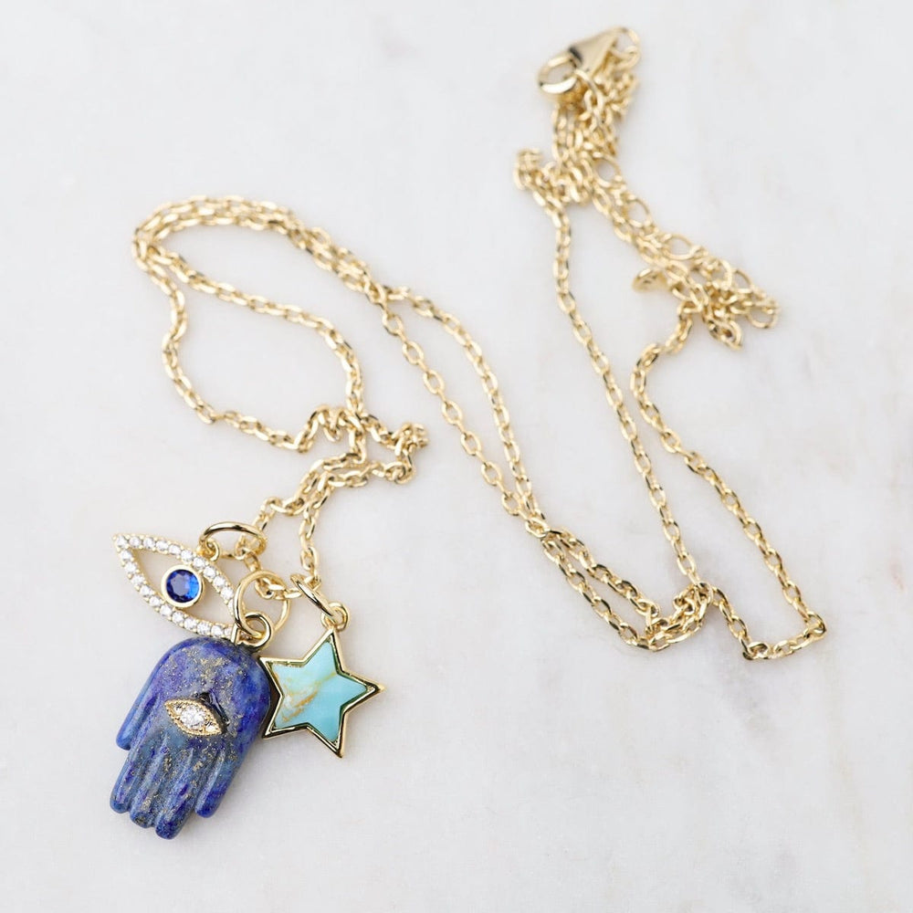 
                  
                    NKL-GPL Lapis Hamsa, Turquoise Star & CZ Evil Eye Charm Necklace
                  
                