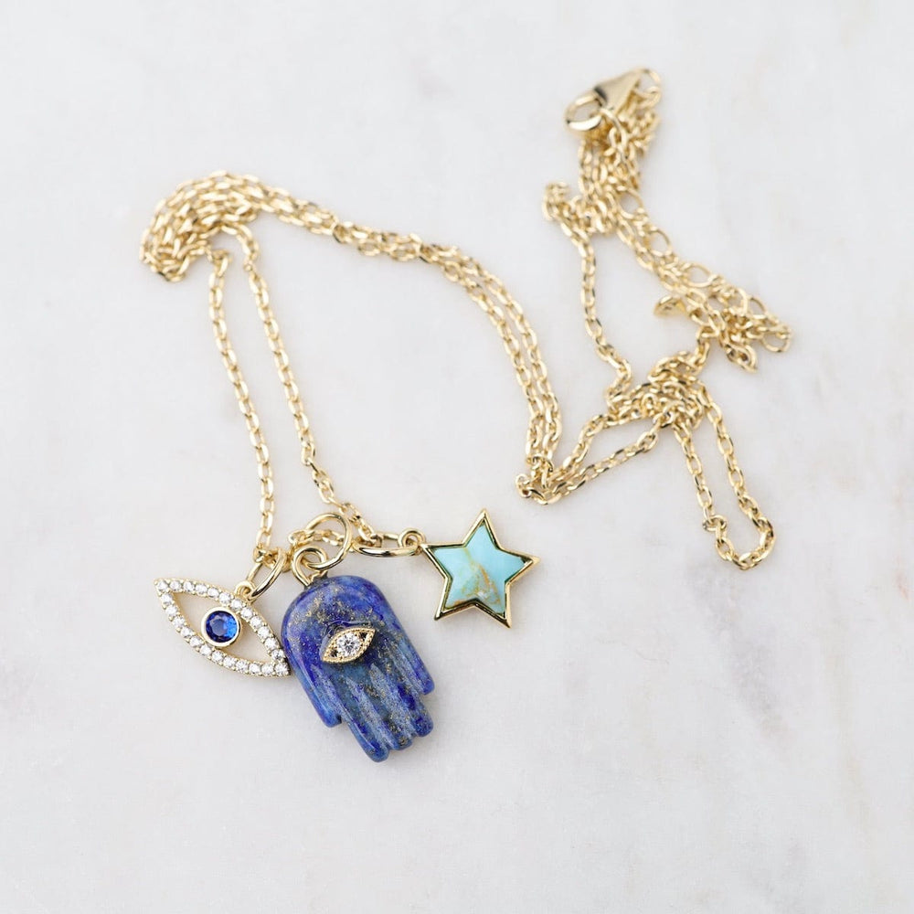 
                  
                    NKL-GPL Lapis Hamsa, Turquoise Star & CZ Evil Eye Charm Necklace
                  
                