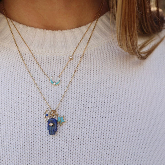 Load image into Gallery viewer, NKL-GPL Lapis Hamsa, Turquoise Star &amp;amp; CZ Evil Eye Charm Necklace
