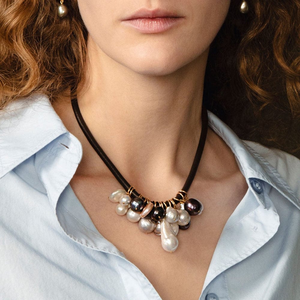 NKL-GPL Lea Leather Collar Necklace Pearl