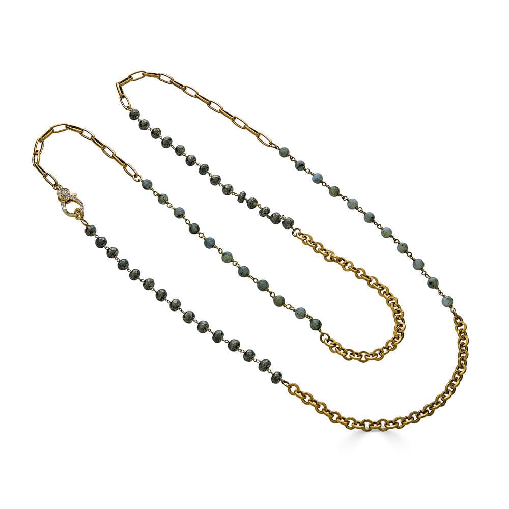 NKL-GPL Long Pyrite and Labradorite Gold Necklace