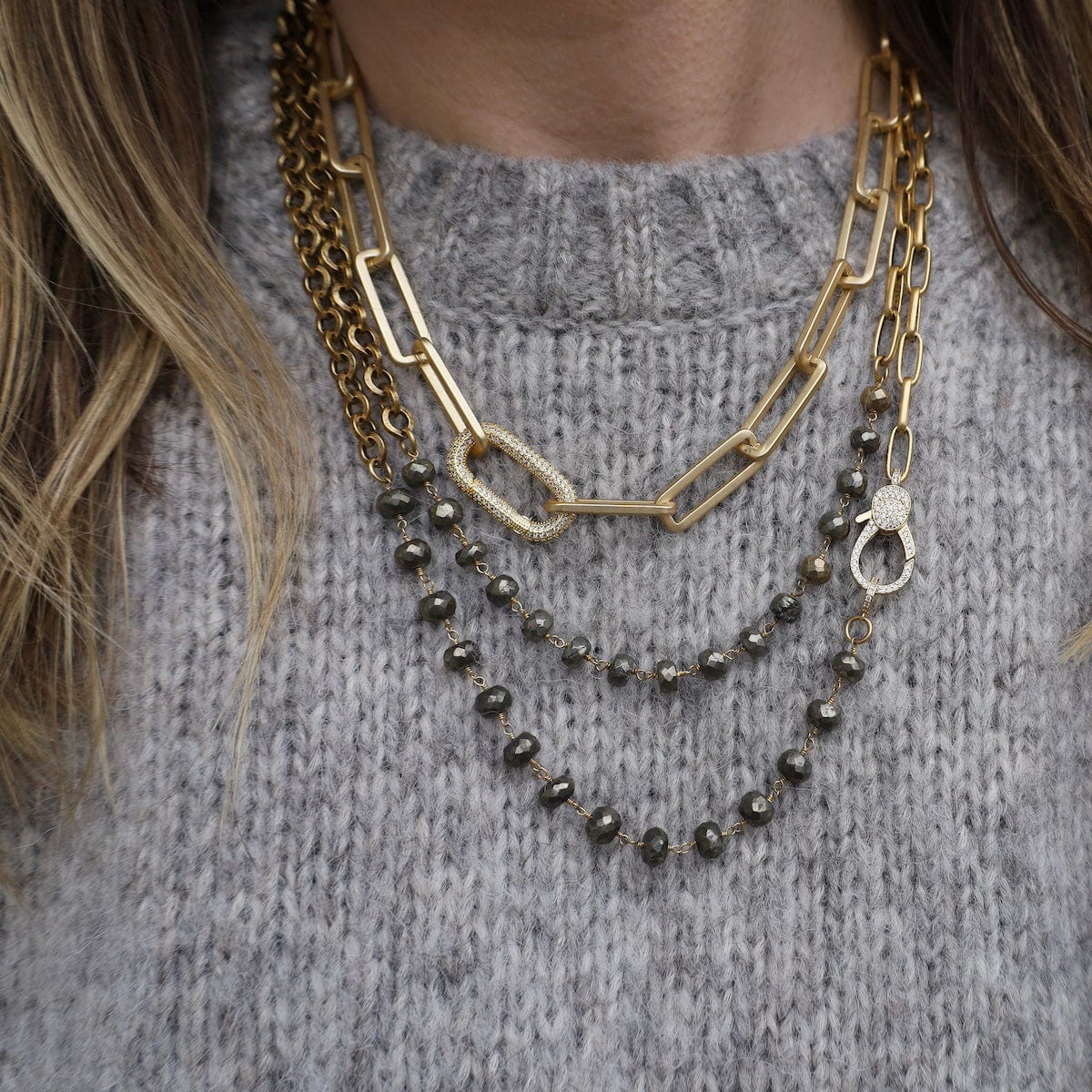 NKL-GPL Long Pyrite and Labradorite Gold Necklace