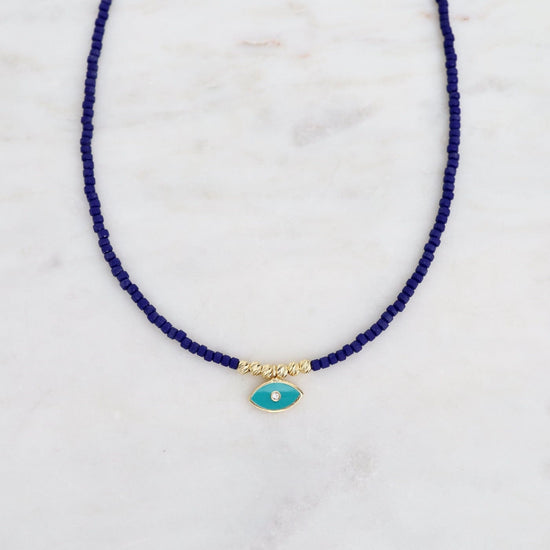 NKL-GPL Navy Beaded Necklace with Horizontal Evil Eye