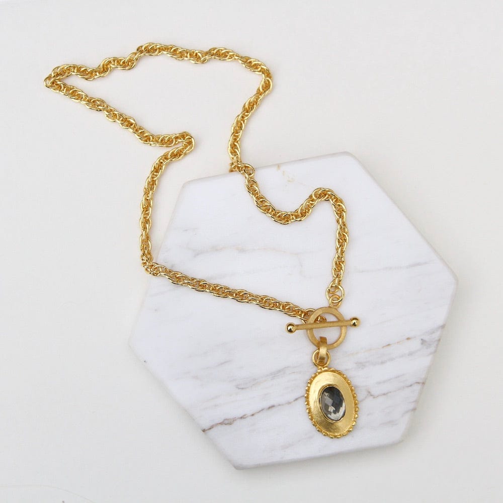 
                  
                    NKL-GPL Oval Pendant with Pyrite on Front Toggle Chain Necklace
                  
                