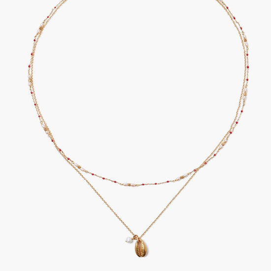 NKL-GPL Pearl and Red Enamel Bead Evil Eye Layer Necklace