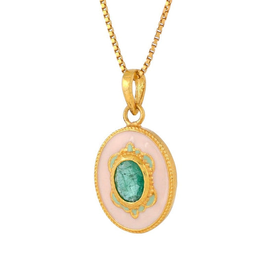 NKL-GPL Pink Enamel & Emerald Pendant Necklace