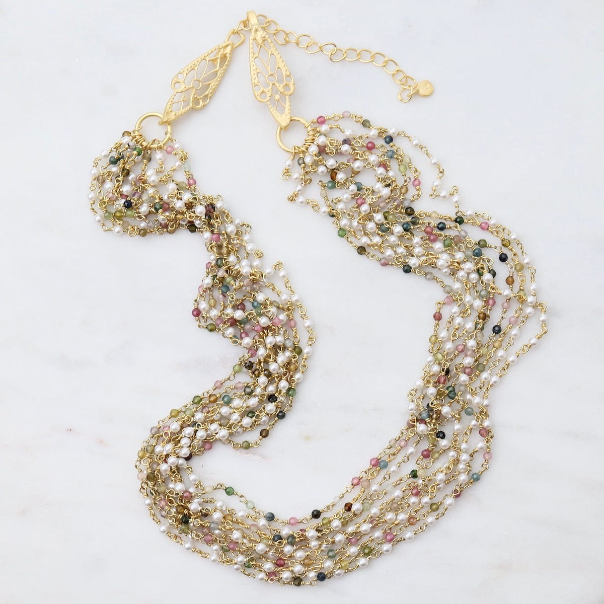 NKL-GPL Ten Strings of Pearl and Multi Tourmaline Necklace