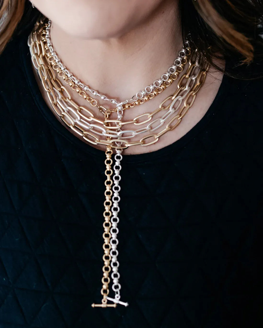 NKL-GPL Three Strand Matte Gold and Silver Paperclip Neckl