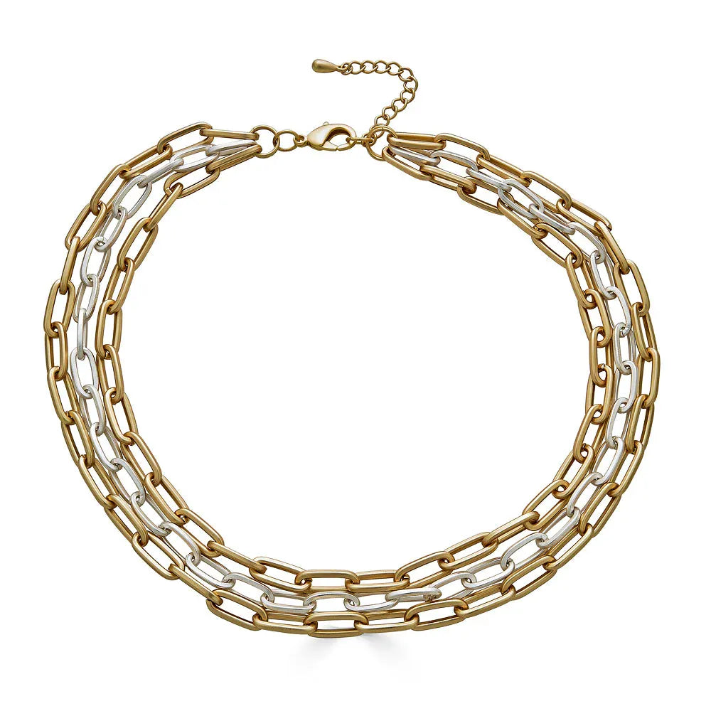 NKL-GPL Three Strand Matte Gold and Silver Paperclip Neckl
