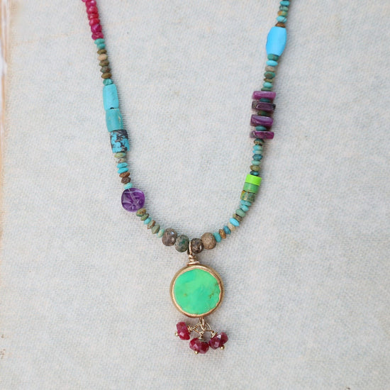 1128 NKL-GPL Tiny Turquoise Treasure Necklace with Green Turquoise and Ruby