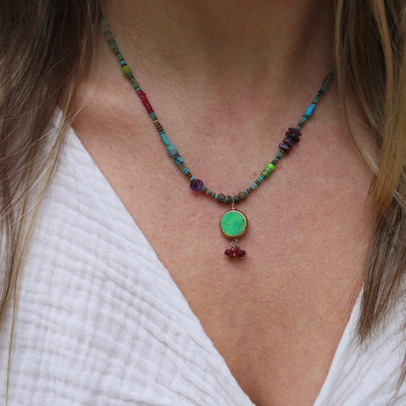 Load image into Gallery viewer, NKL-GPL Tiny Turquoise Treasure Necklace with Green Turquoise and Ruby
