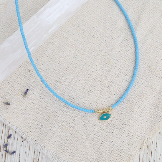 Load image into Gallery viewer, NKL-GPL Turquoise Beaded Necklace with Horizontal Evil Eye
