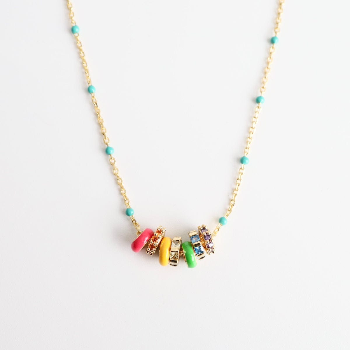 NKL-GPL Turquoise Epoxy Chain with Rainbow Enamel & CZ Ron