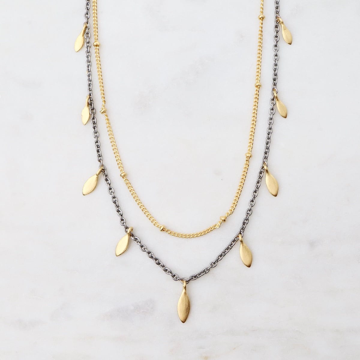 NKL-GPL Two Tone Two Layer Necklace with Leaves
