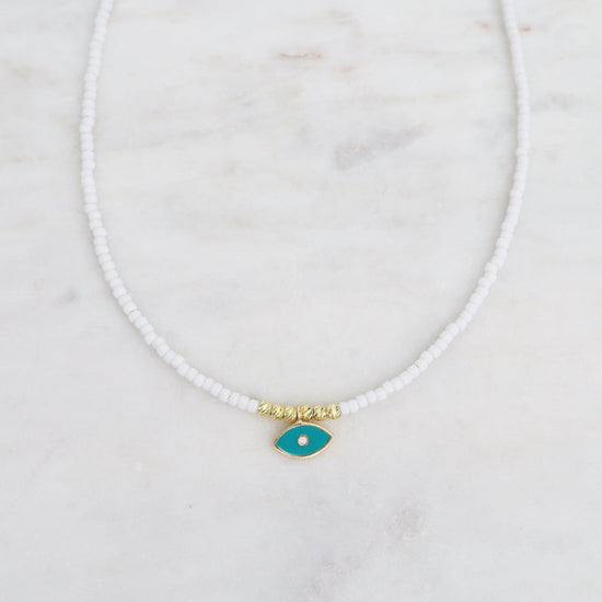 NKL-GPL White Beaded Necklace with Horizontal Evil Eye