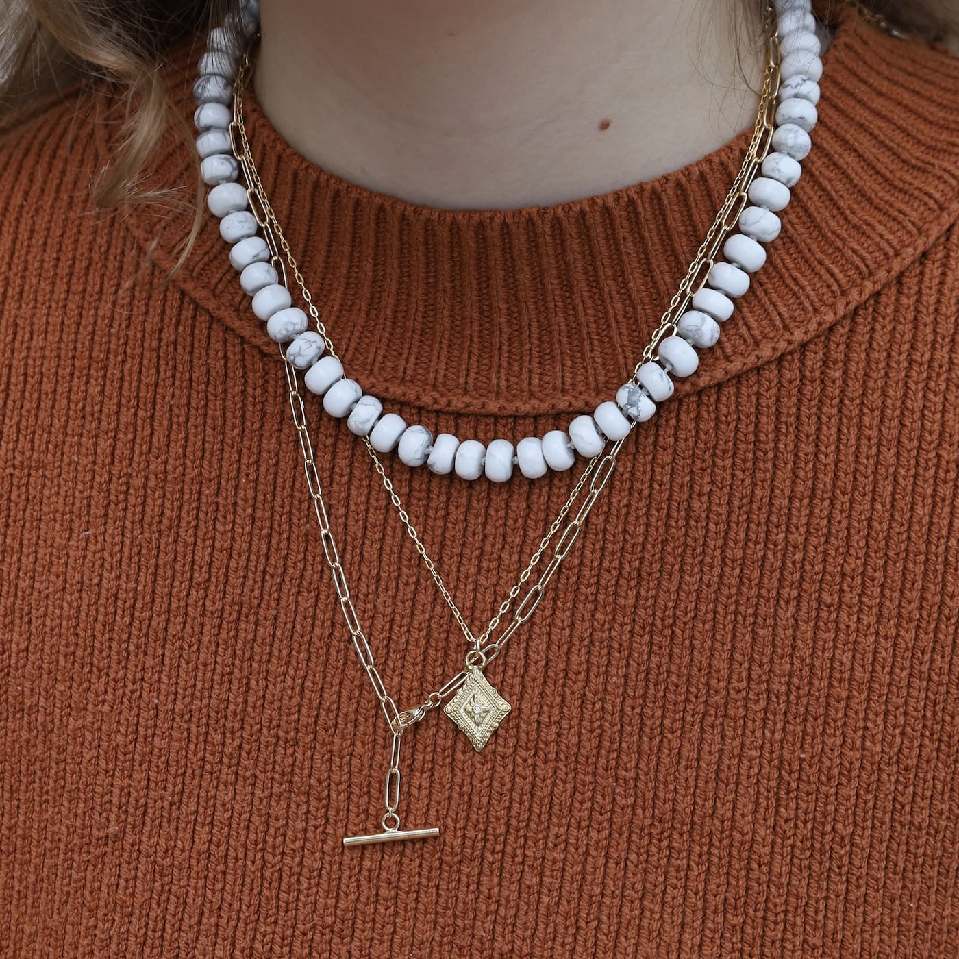 NKL-GPL White Howlite 8mm Hand Knotted Beaded Necklace