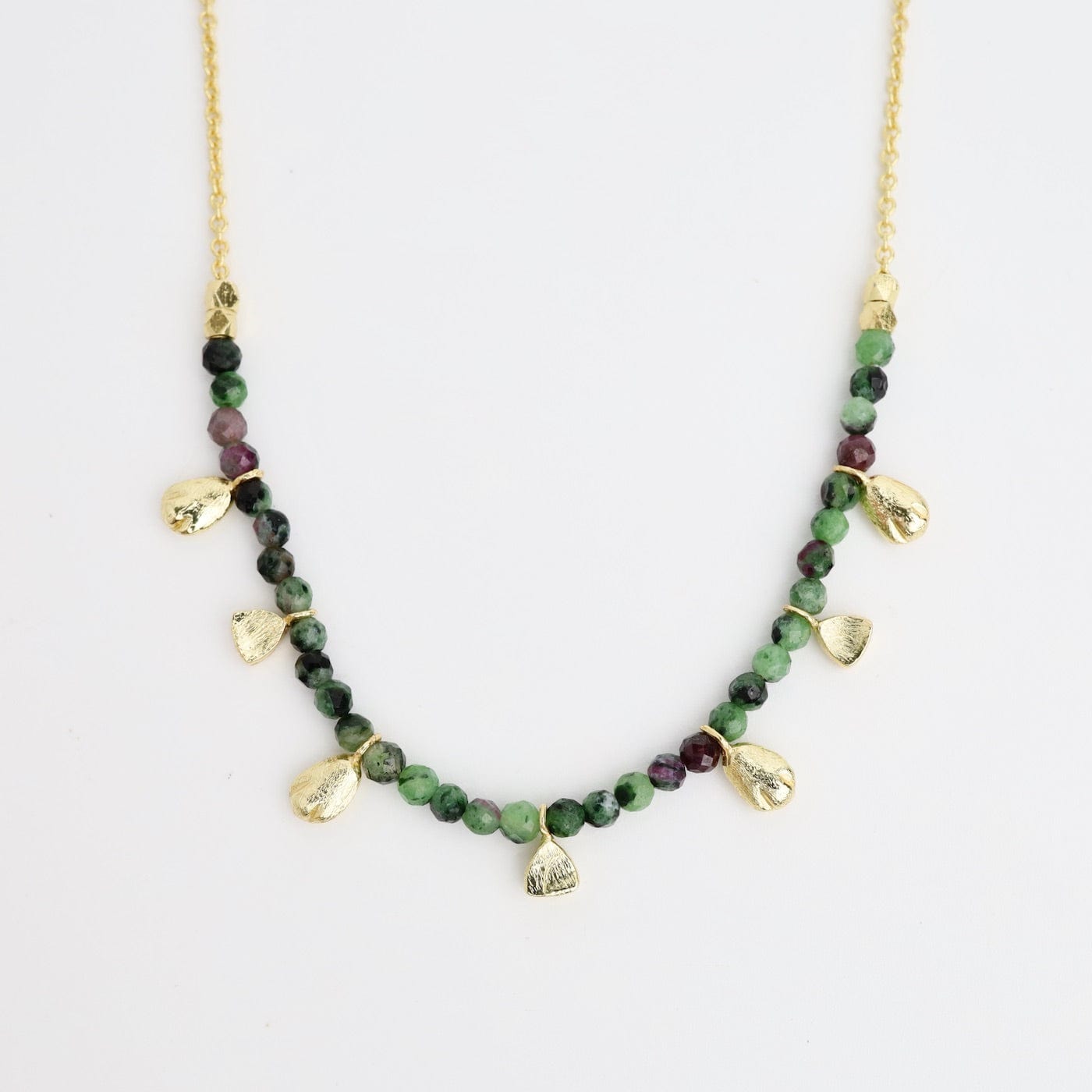 NKL-GPL Zoisite Dark Green Beaded Gold Nuggets Necklace