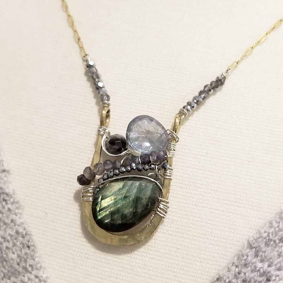 NKL GREEN LABRADORITE AND BLUE QUARTZ DROP NECKLACE