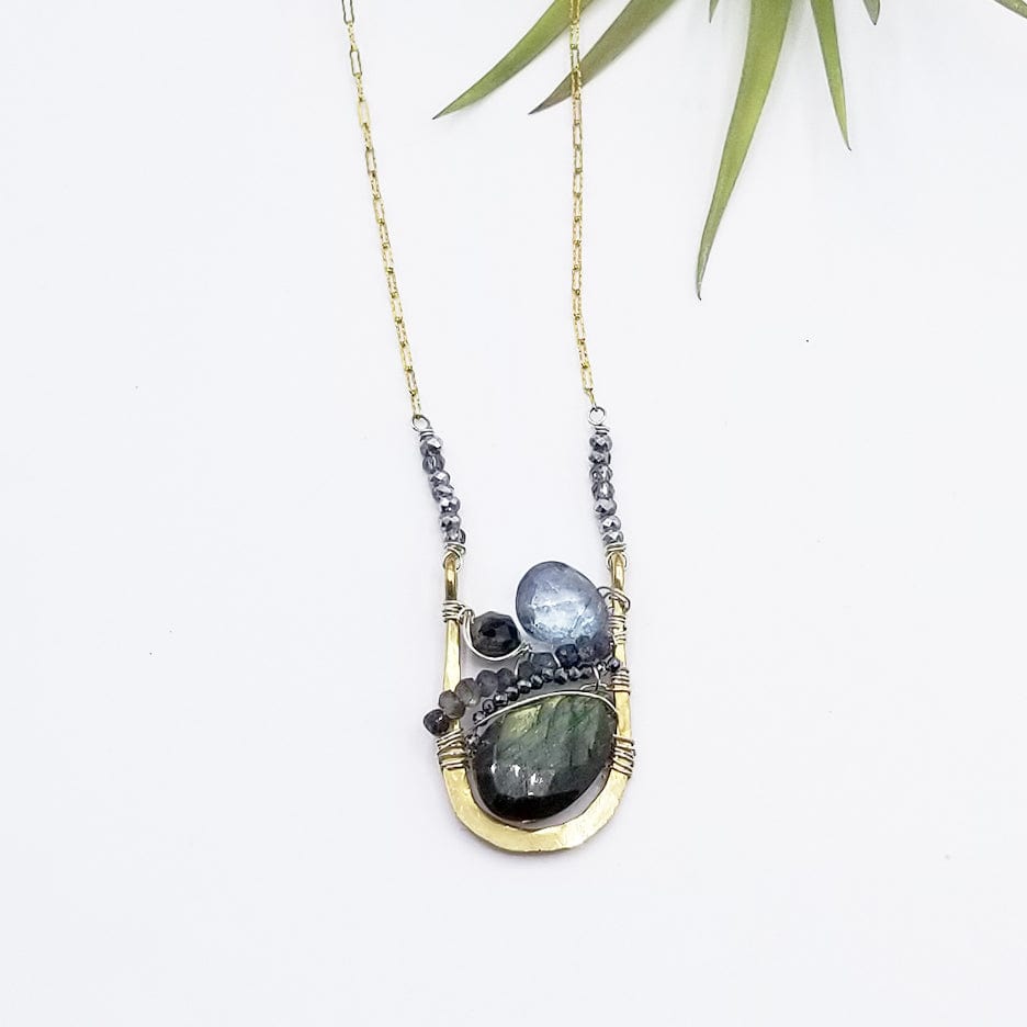 NKL GREEN LABRADORITE AND BLUE QUARTZ DROP NECKLACE