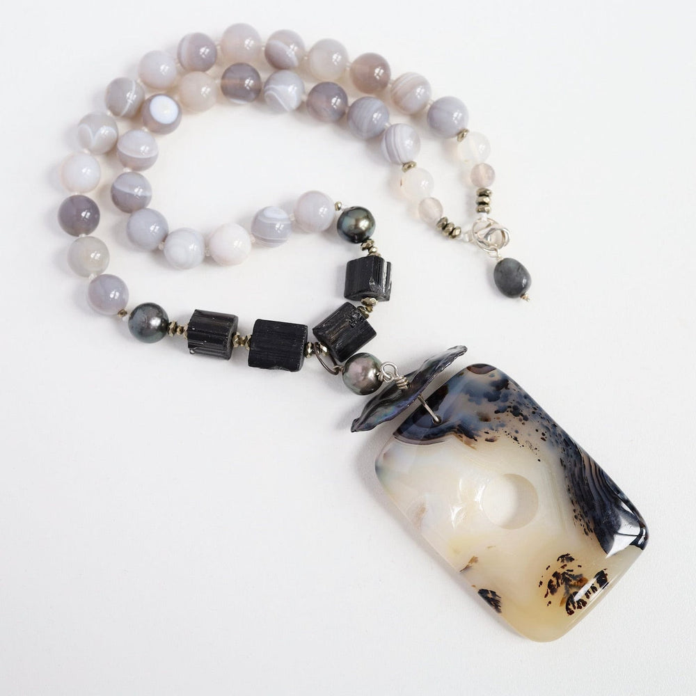 
                      
                        NKL Grey Agate & Black Tourmaline with Dendritic Agate Necklace
                      
                    