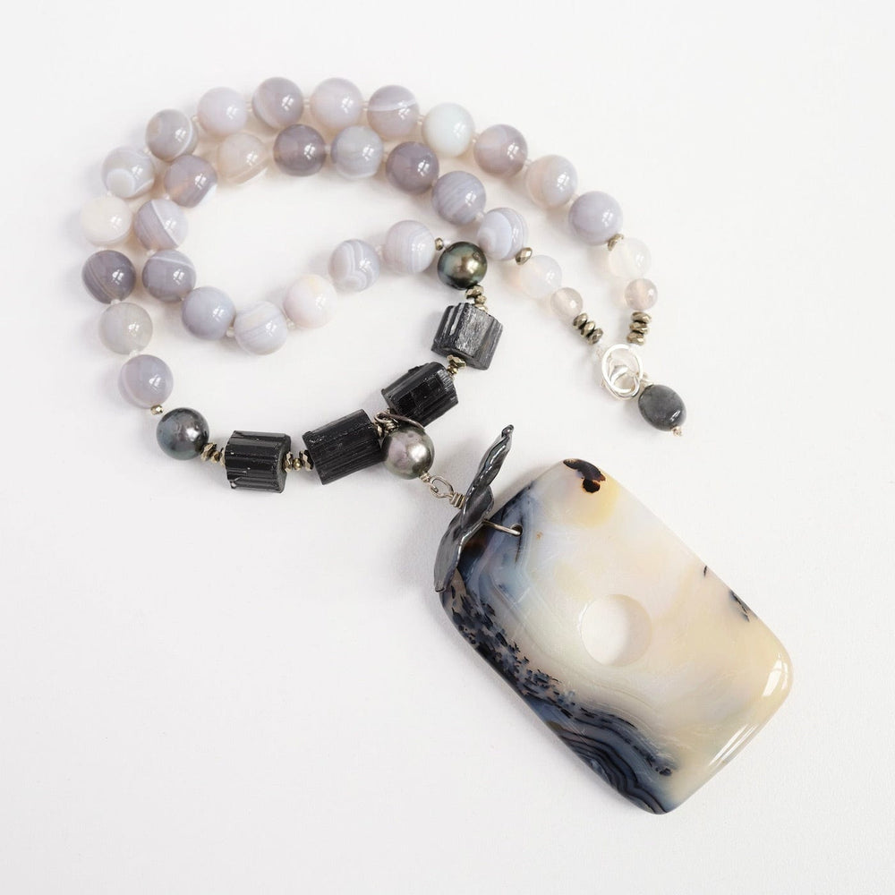 
                      
                        NKL Grey Agate & Black Tourmaline with Dendritic Agate Necklace
                      
                    