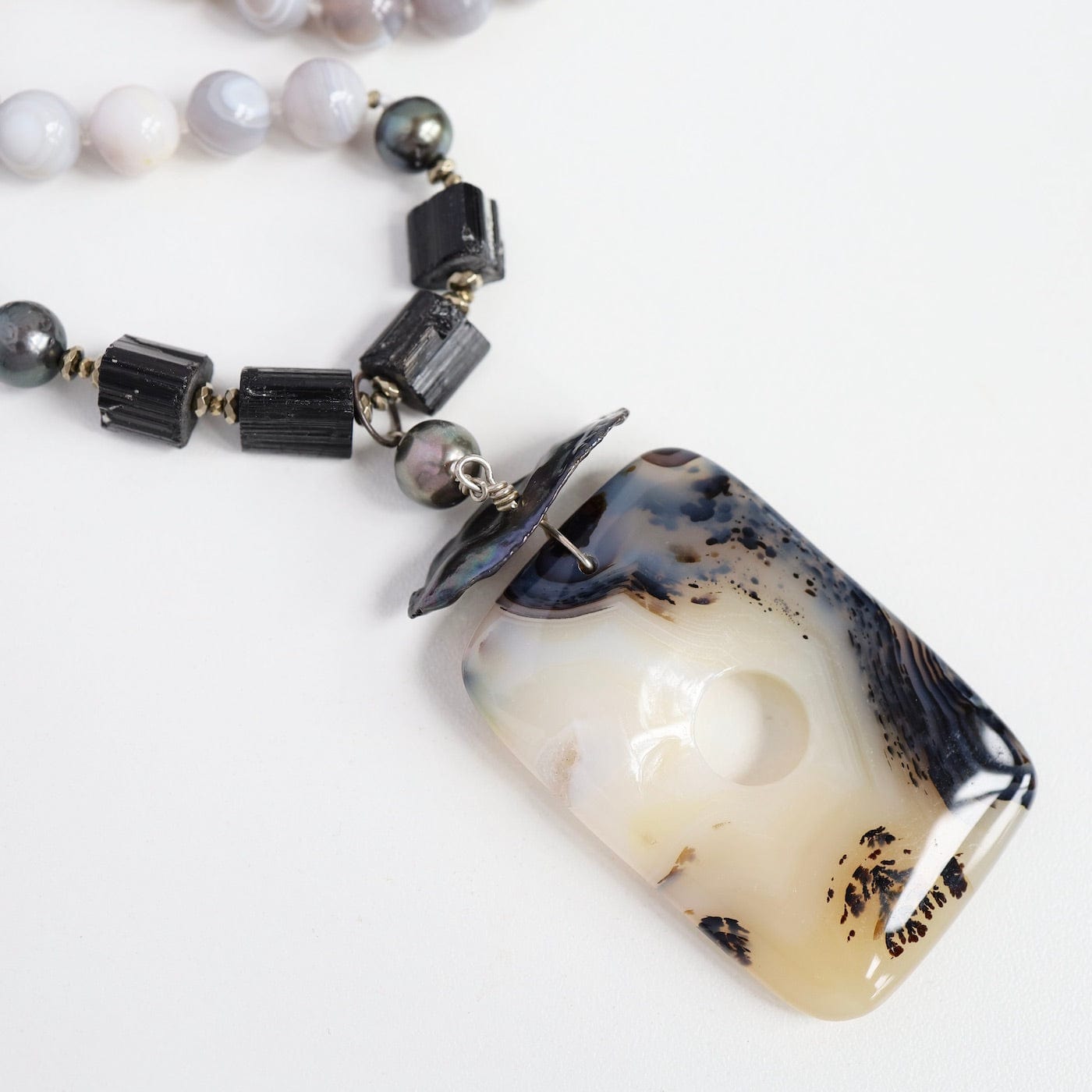 NKL Grey Agate & Black Tourmaline with Dendritic Agate Necklace
