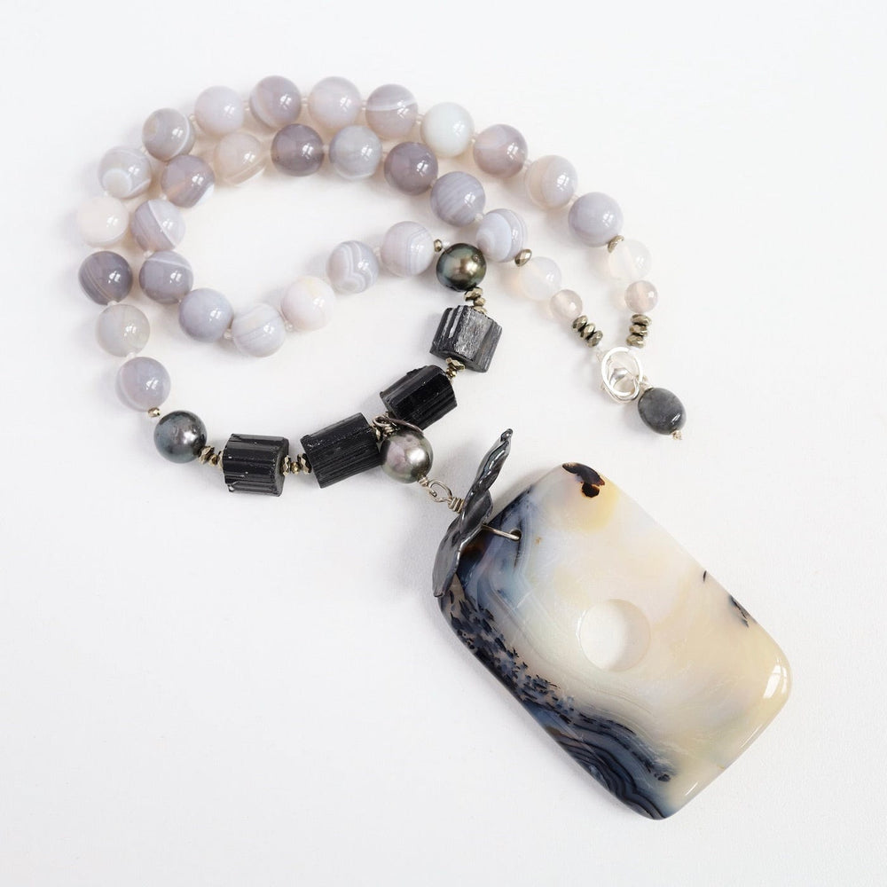 
                      
                        NKL Grey Agate & Black Tourmaline with Dendritic Agate Necklace
                      
                    