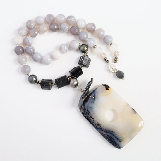 NKL Grey Agate & Black Tourmaline with Dendritic Agate Necklace