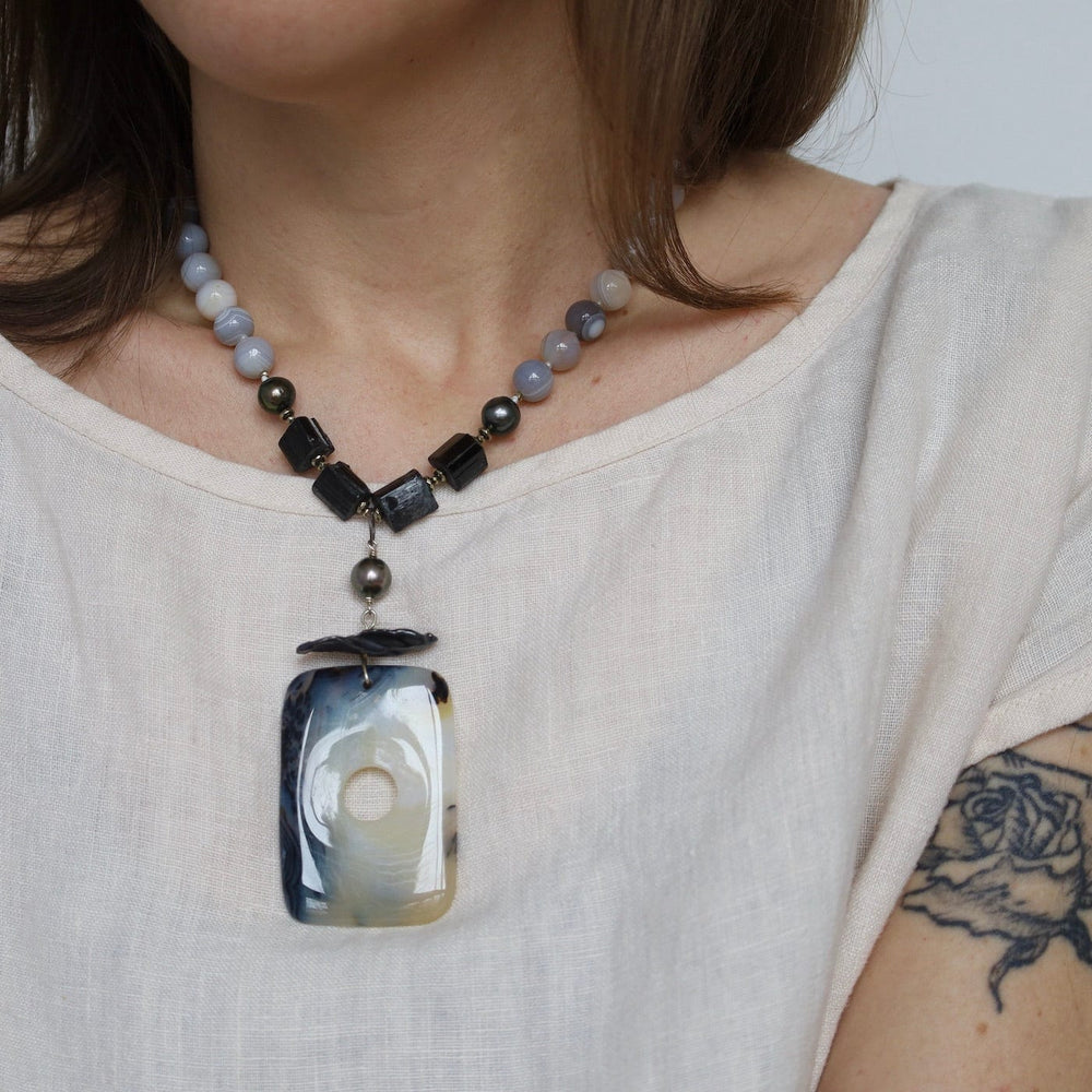 
                      
                        NKL Grey Agate & Black Tourmaline with Dendritic Agate Necklace
                      
                    