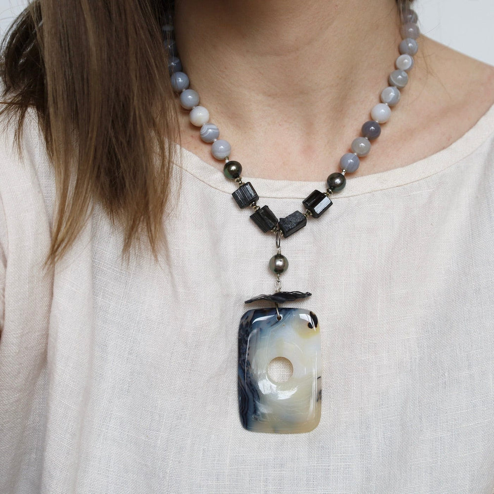 
                      
                        NKL Grey Agate & Black Tourmaline with Dendritic Agate Necklace
                      
                    