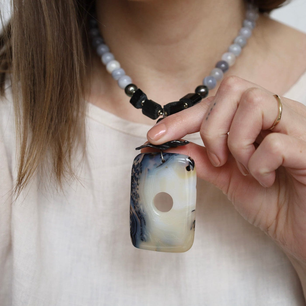 
                      
                        NKL Grey Agate & Black Tourmaline with Dendritic Agate Necklace
                      
                    