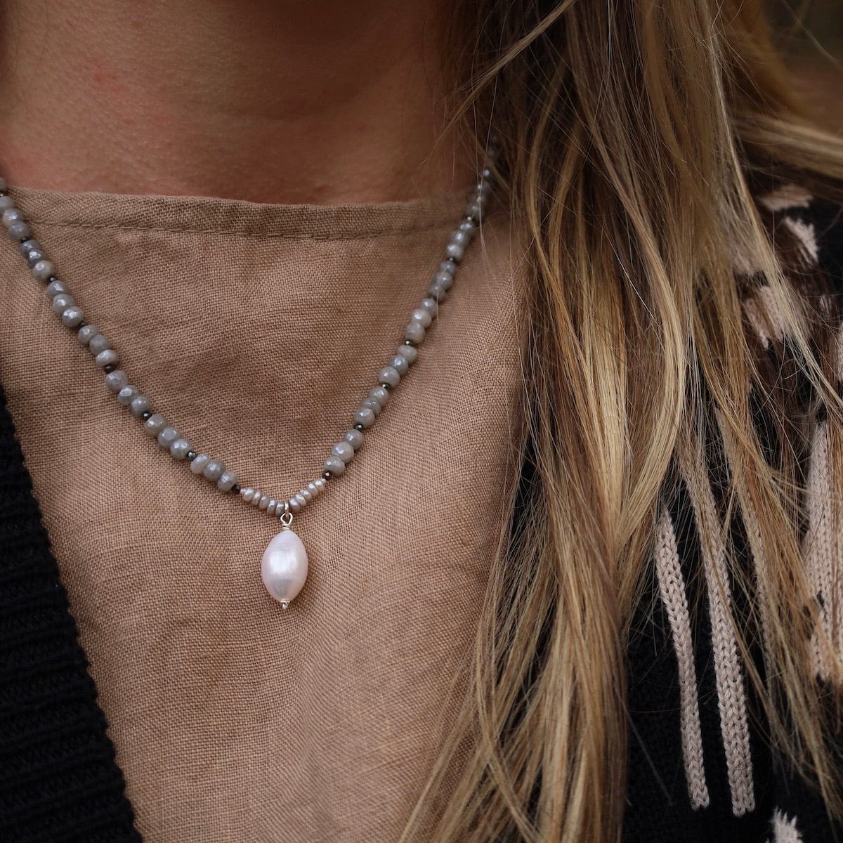 NKL Grey Moonstone with White Pearl Drop Necklace