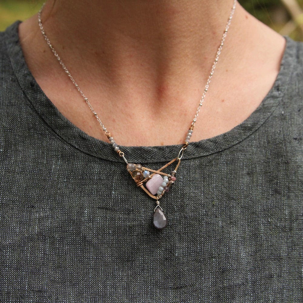 
                  
                    NKL Hand Formed Bronze Crossed Triangle Chocolate Moonstone Necklace
                  
                