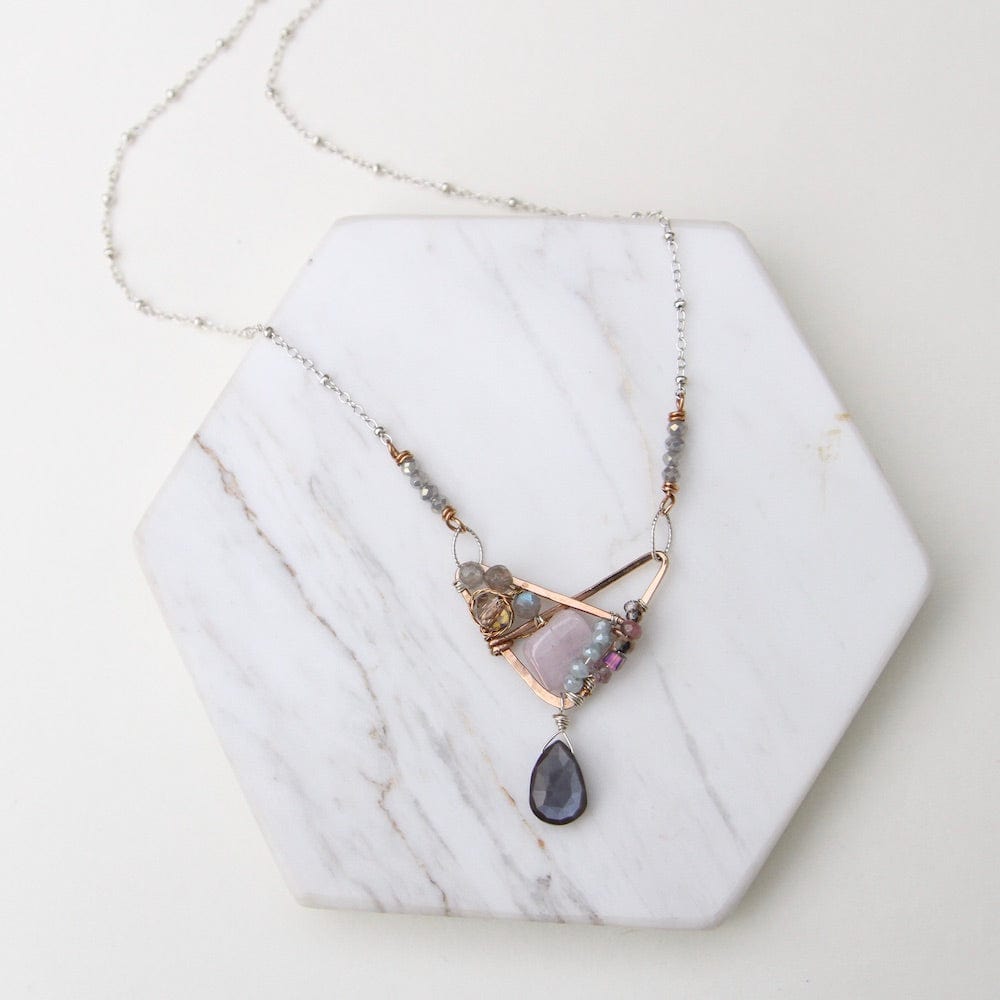 NKL Hand Formed Bronze Crossed Triangle Chocolate Moonstone Necklace