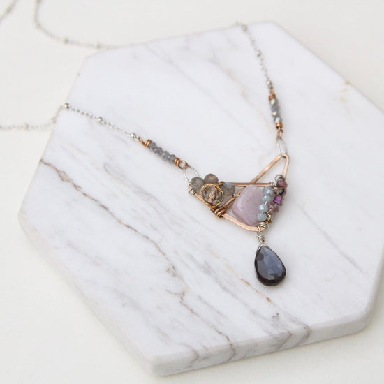 NKL Hand Formed Bronze Crossed Triangle Chocolate Moonstone Necklace