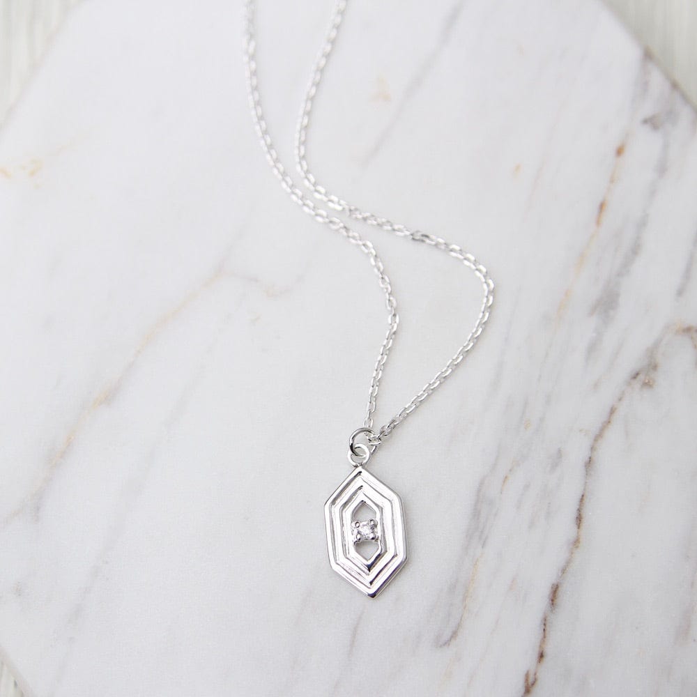 NKL Hex with ridges and CZ  Necklace - Sterling Silver