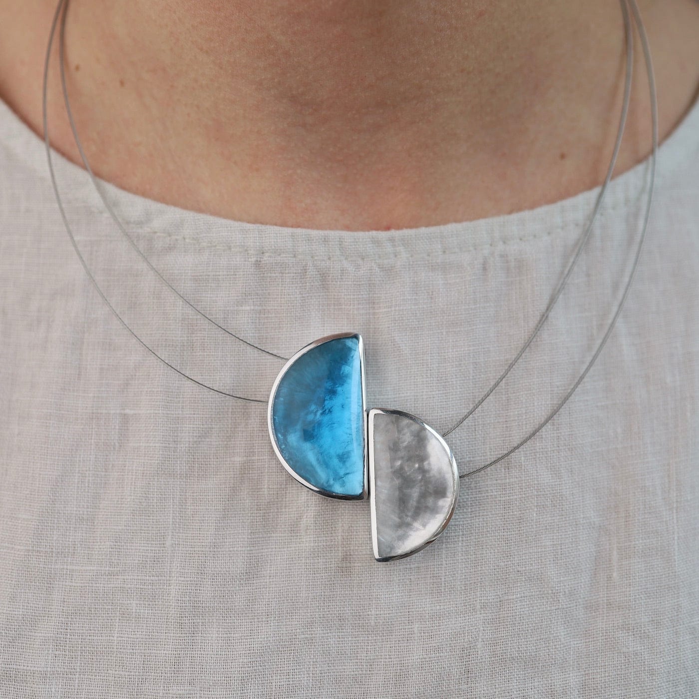 NKL-JM Aqua & White Half Moon Necklace