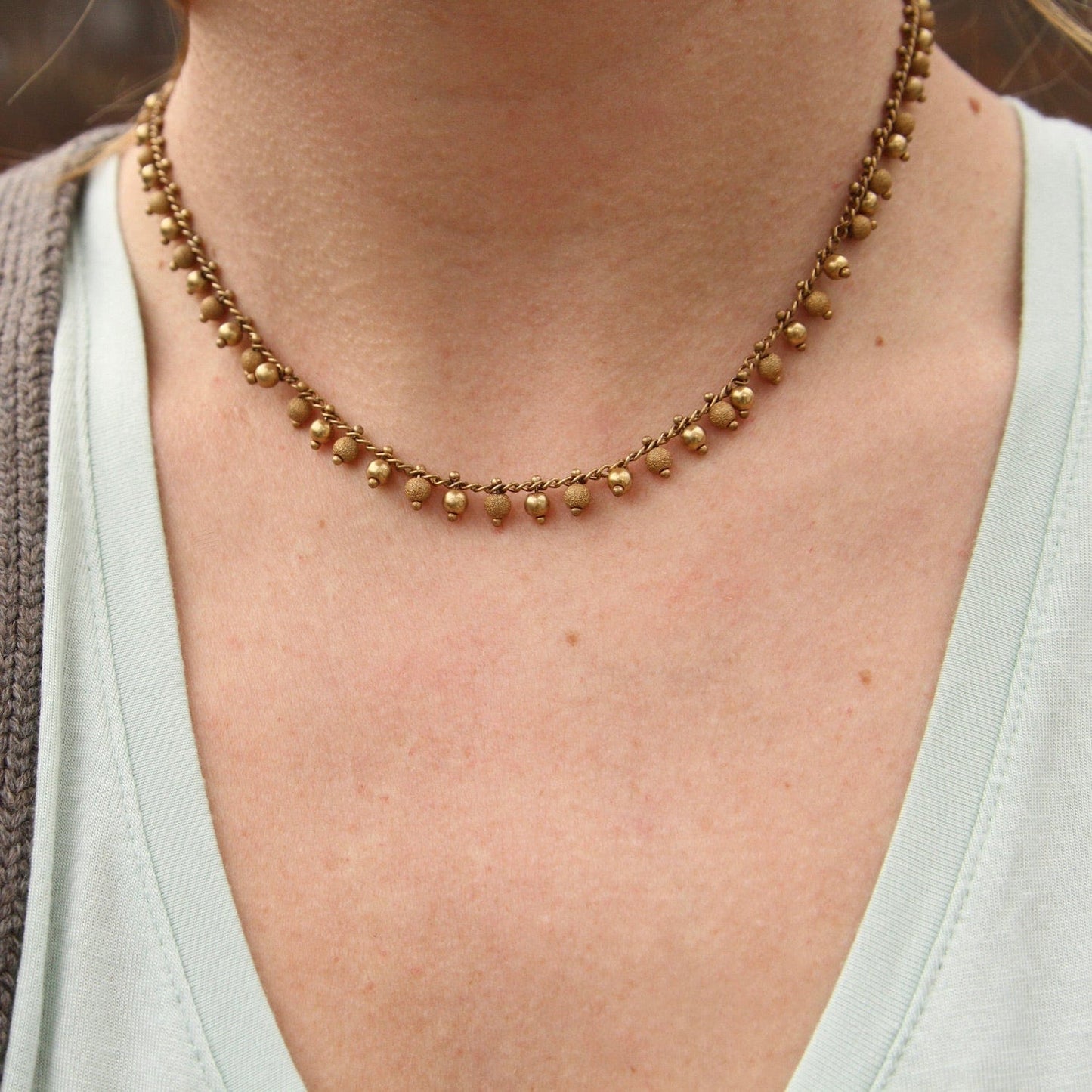 NKL-JM Bead Fringe Chain Necklace-Gold Plate