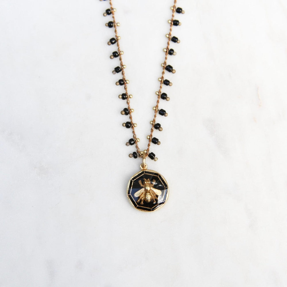 NKL-JM Black Enamel Bee Charm Necklace