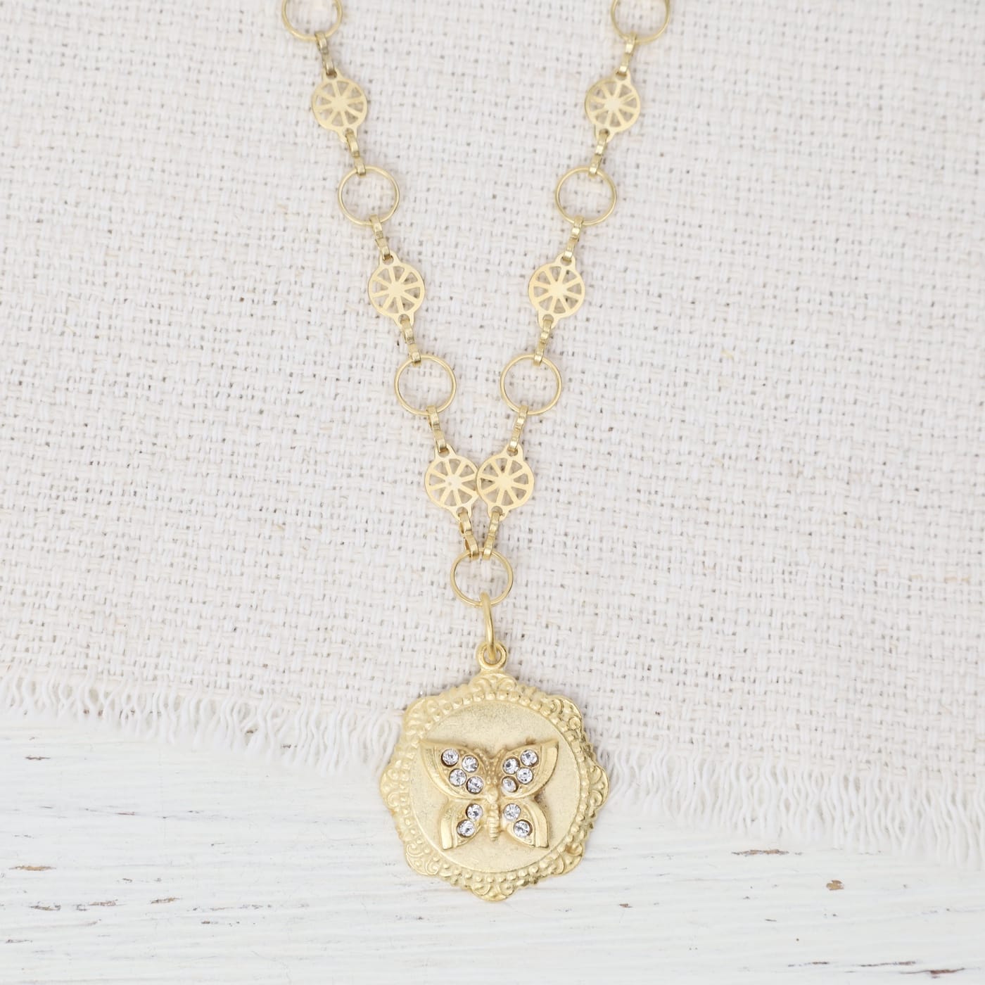 NKL-JM Crystal Butterfly Pendant Necklace - Gold Plate
