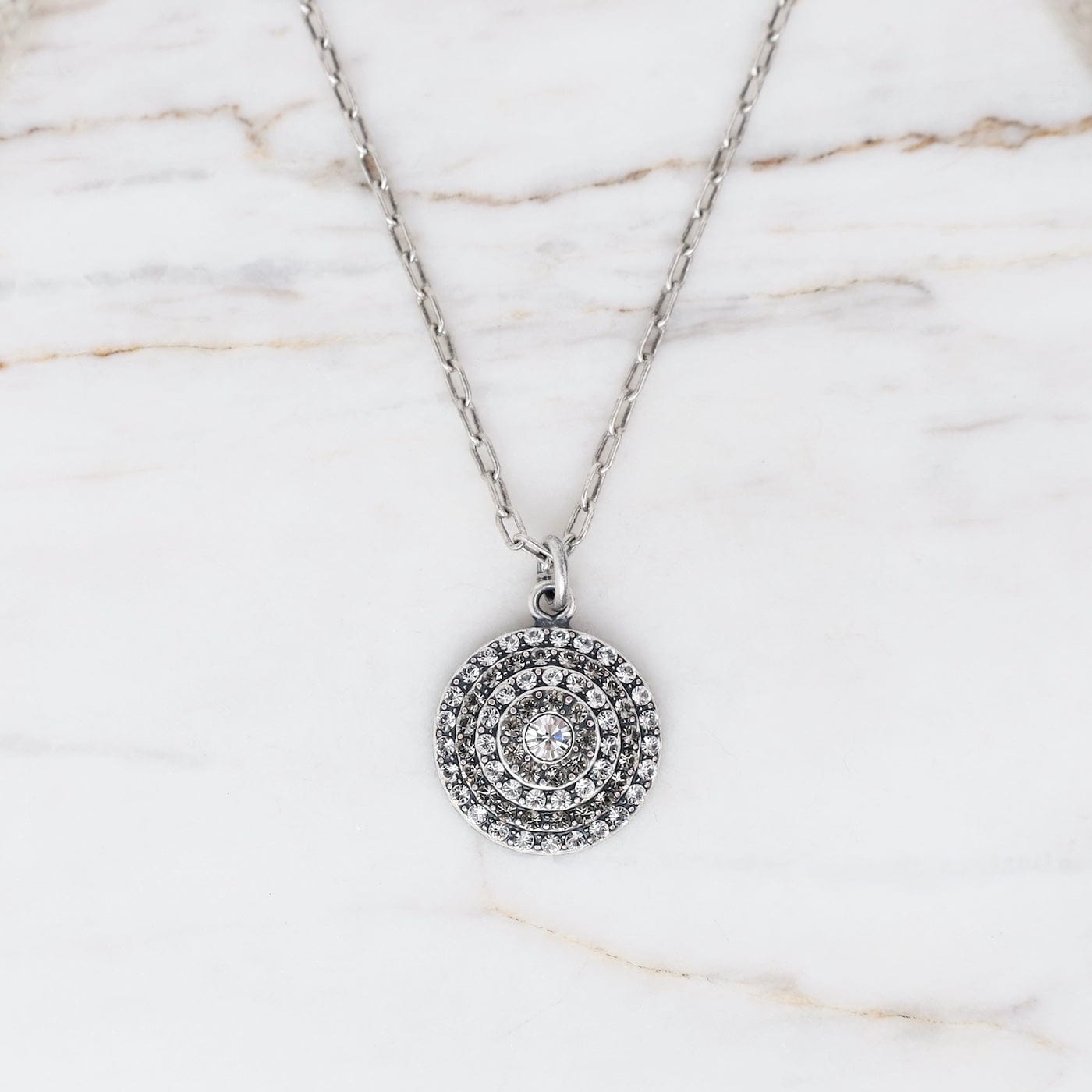 NKL-JM Crystal Circle Necklace - "Old Silver"
