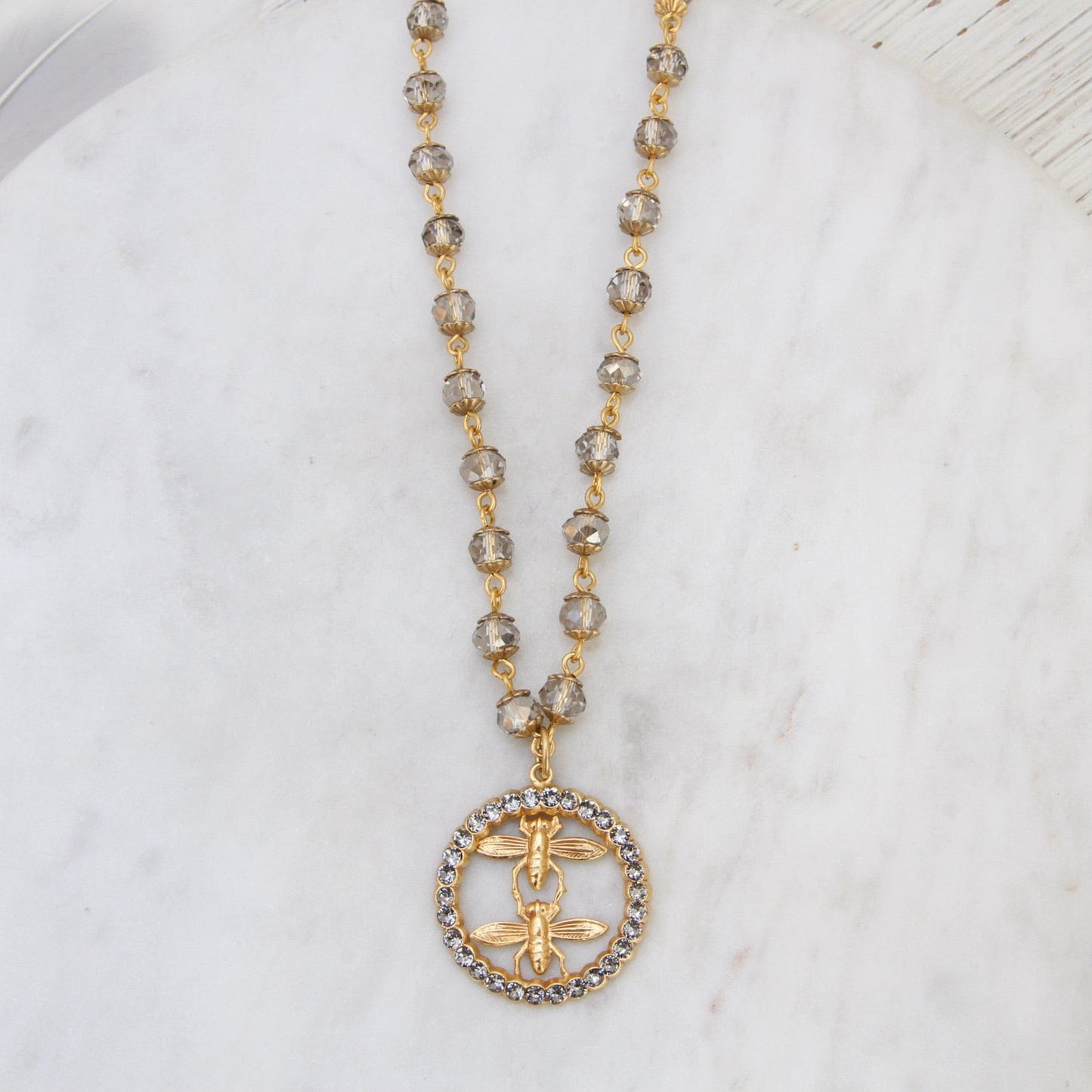 NKL-JM Double Bee Pendant with Crystal Circle - Gold Plate