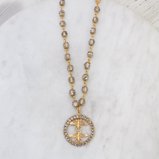 NKL-JM Double Bee Pendant with Crystal Circle - Gold Plate