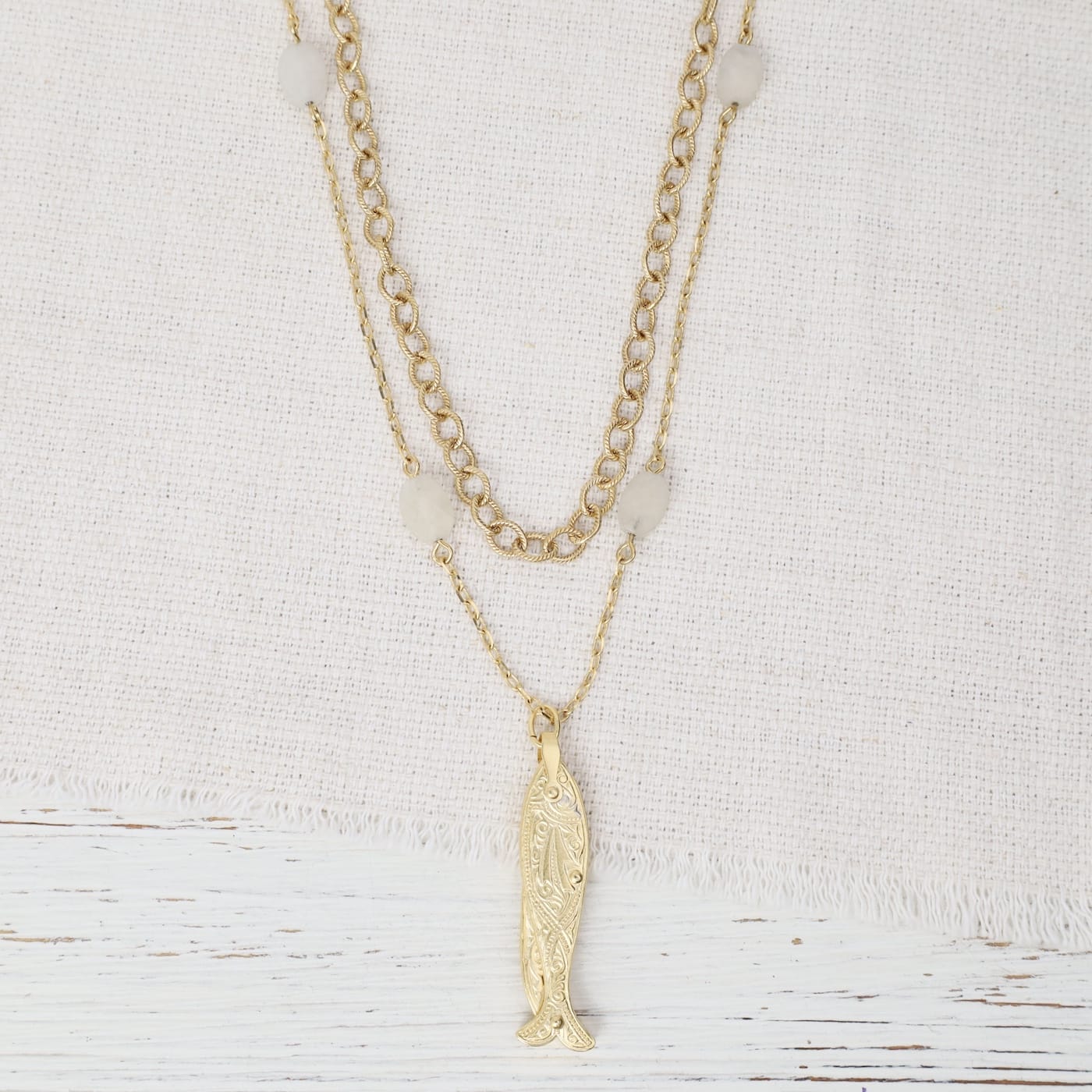 NKL-JM Double Strand Chain Fish Pendant Necklace - Gold P
