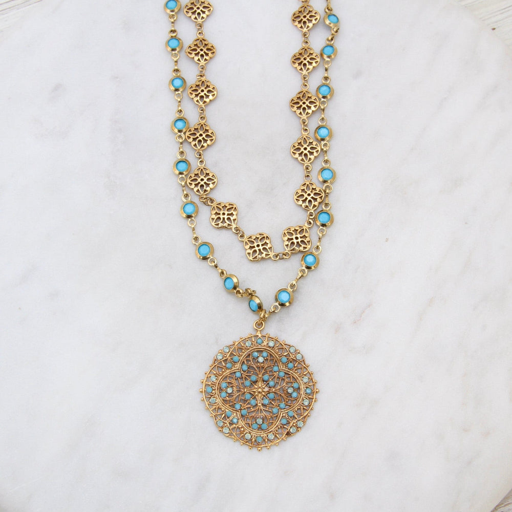 
                      
                        NKL-JM Double Strand Gold Filagree & Turquoise Crystal Bead Chain Necklace
                      
                    