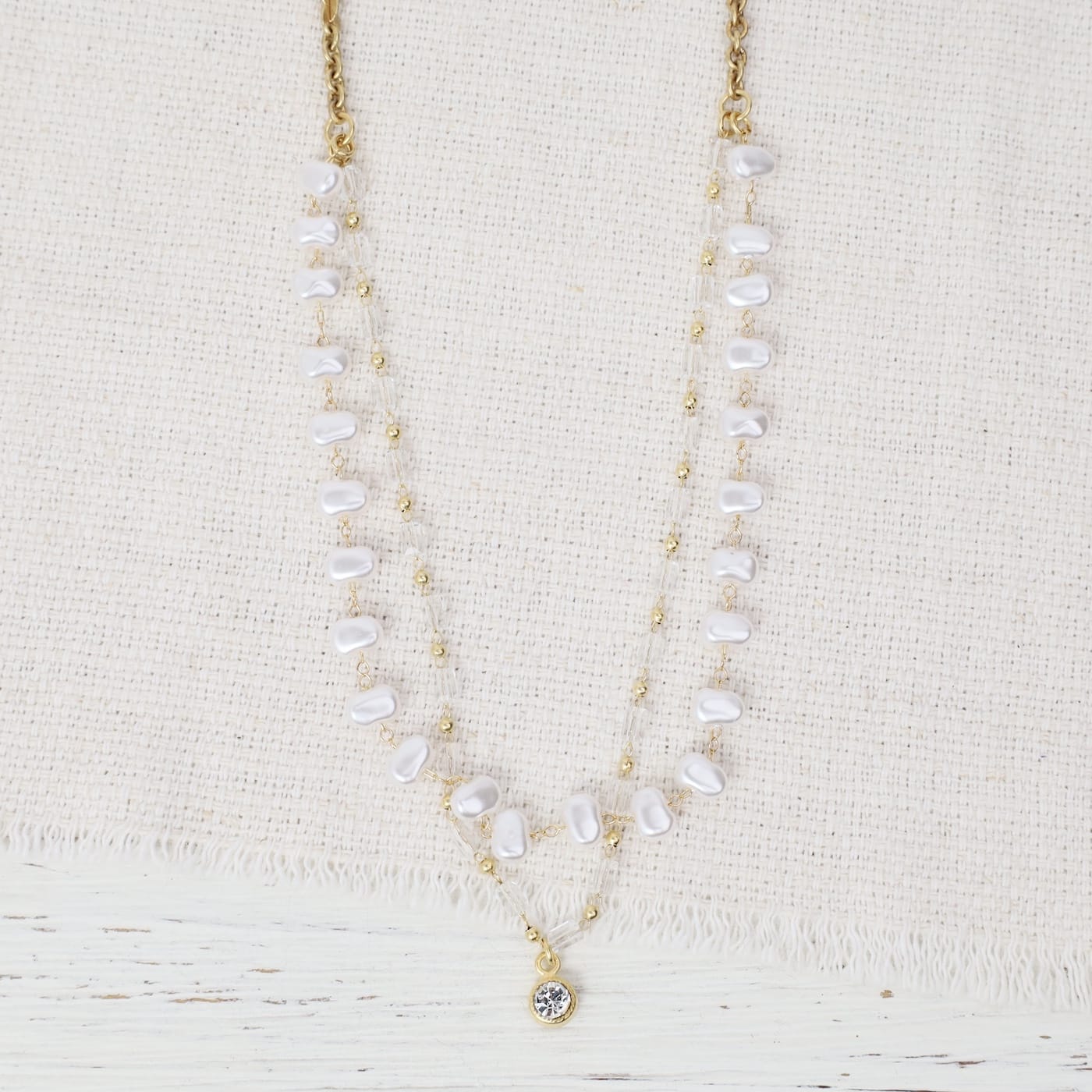 NKL-JM Double Strand Pearl and Crystal Necklace - Gold Pl