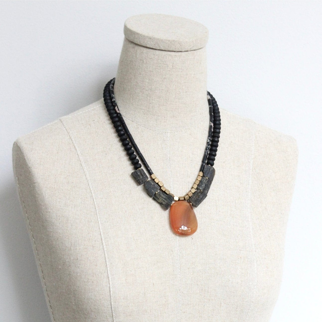 NKL-JM Double Strand Tourmaline and Carnelian Pendant Necklace