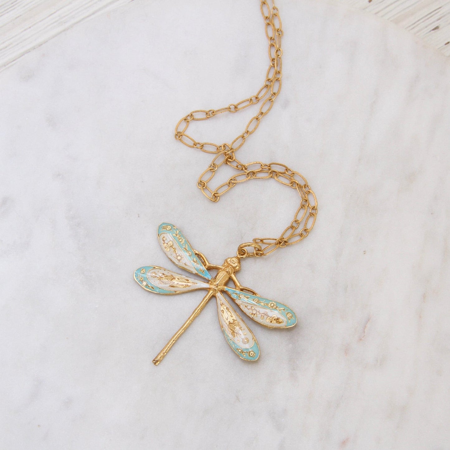 Enamel Dragonfly Necklace in Light Blue & White