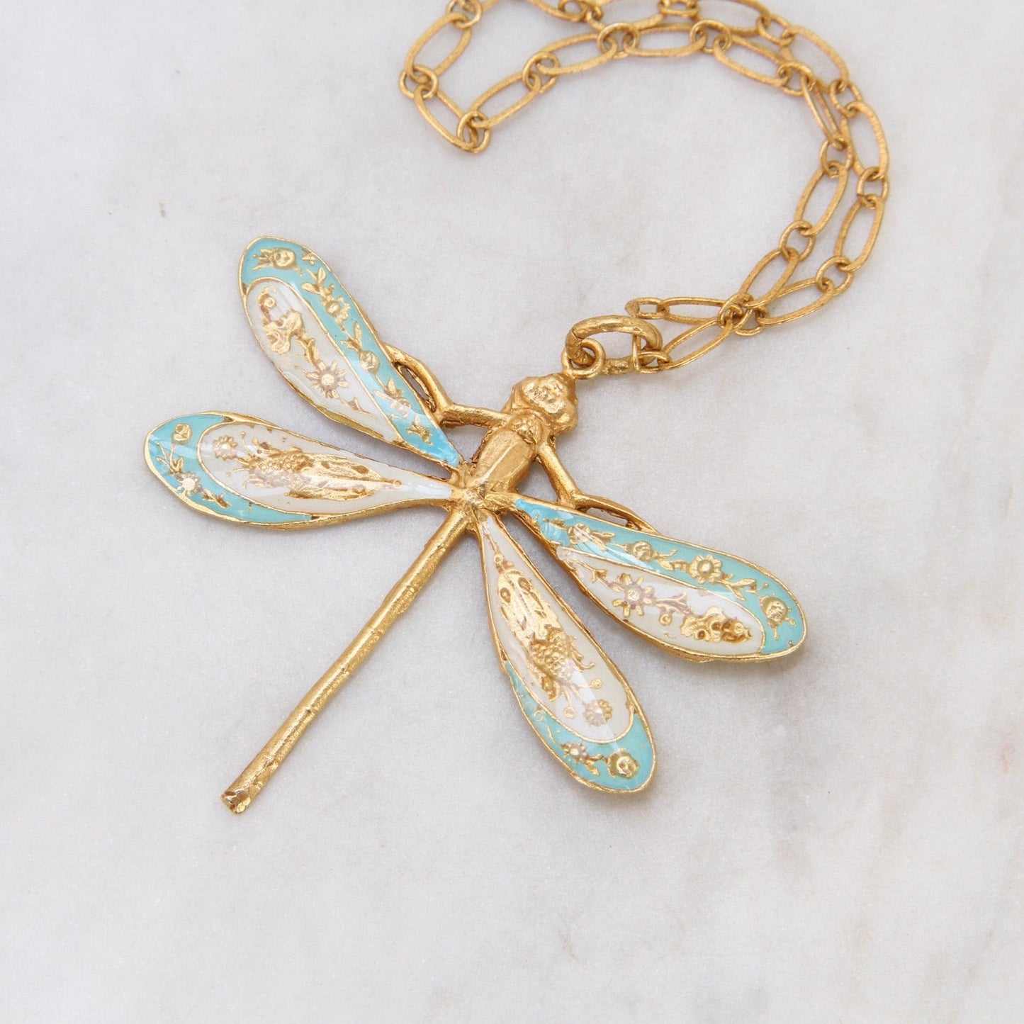 Enamel Dragonfly Necklace in Light Blue & White